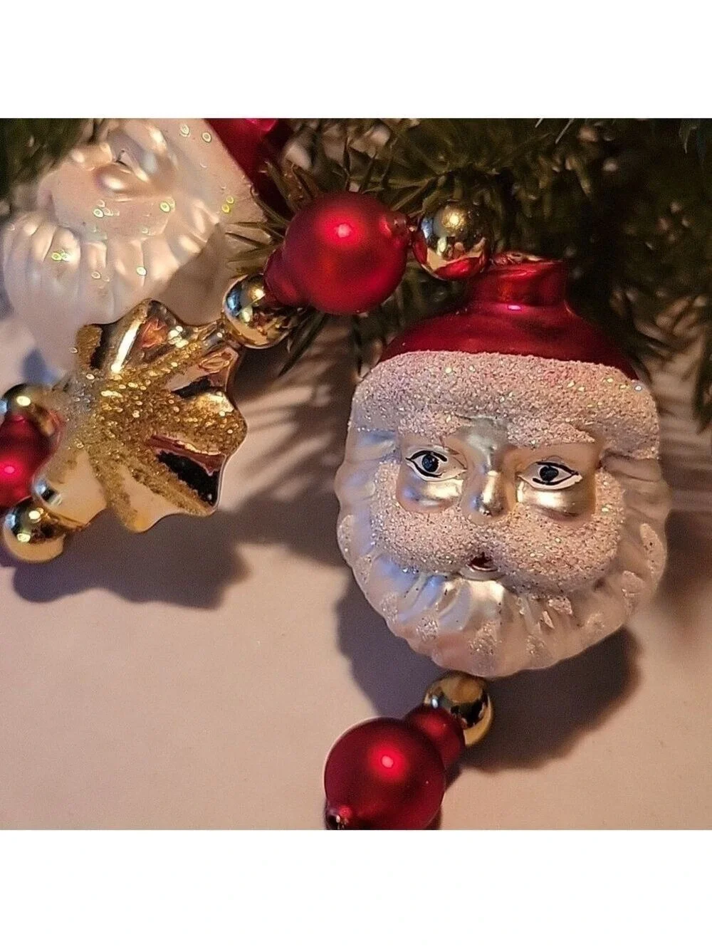 Glass Molded Shimmery Santa Face/Gold Star Christmas Tree Garland